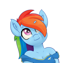 Size: 4000x3500 | Tagged: safe, artist:yelowcrom, derpibooru import, rainbow dash, anthro, pegasus, beanbrows, clothes, cute, dashabetes, ear fluff, ears, eyebrows, eyebrows visible through hair, female, hair over one eye, looking up, mare, off shoulder, simple background, smiling, solo, white background