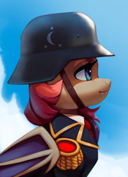 Size: 1966x2712 | Tagged: safe, artist:mrscroup, derpibooru import, oc, oc only, oc:xuan mai, bat pony, pony, bat pony oc, bat wings, bust, clothes, crescent moon, fangs, helmet, high res, military, military uniform, moon, portrait, simple background, solo, stahlhelm, uniform, wings, 信息部