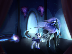 Size: 2732x2048 | Tagged: safe, artist:damayantiarts, derpibooru import, nightmare moon, rarity, alicorn, pony, unicorn, alternate hairstyle, alternate timeline, curved horn, female, glowing, glowing horn, horn, magic, night maid rarity, nightmare takeover timeline, telekinesis