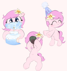 Size: 3277x3494 | Tagged: safe, artist:parfait, derpibooru import, oc, oc only, oc:kayla, earth pony, pony, armpits, birthday, cake, dancing, drinking, eating, female, filly, flower, flower in hair, food, smiling, solo