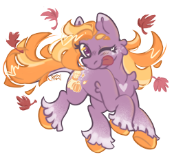 Size: 1272x1174 | Tagged: safe, artist:plushiepoms, derpibooru import, earth pony, pony, g3, autumn, autumn crisp, blonde, fanart, fluffy, heart mark, leaves, leaves in hair, one eye closed, orange hair, purple coat, simple background, solo, tongue, tongue out, transparent background, unshorn fetlocks, wink