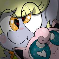 Size: 1000x1000 | Tagged: safe, artist:malachimoet, derpibooru import, derpy hooves, jigglypuff, pegasus, pony, crossover, eye clipping through hair, female, heart eyes, mare, orange eyes, pokémon, scrunchy face, wingding eyes