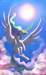 Size: 1200x1920 | Tagged: safe, artist:glassygreatart, derpibooru import, princess celestia, alicorn, pony, female, flying, glowing, glowing horn, horn, sky, solo