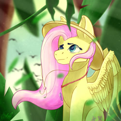 Size: 1000x1000 | Tagged: safe, artist:etherfii, derpibooru import, fluttershy, pegasus, pony, female, hat, jewelry, necklace, solo