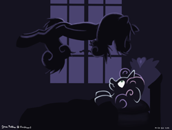 Size: 2400x1800 | Tagged: safe, artist:rockhoppr3, derpibooru import, sweetie belle, ghost, pony, undead, unicorn, bed, creepy, scared, silhouette, the haunting of hill house, window