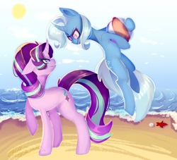 Size: 4400x4000 | Tagged: safe, artist:rainbowgirlyt, derpibooru import, starlight glimmer, trixie, pony, unicorn, absurd resolution, beach, beach ball, dreamworks face, duo, duo female, eye clipping through hair, female, grin, looking at each other, ocean, raised hoof, raised leg, smiling, smiling at each other, water