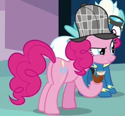 Size: 520x480 | Tagged: safe, derpibooru import, edit, edited screencap, screencap, fleetfoot, pinkie pie, earth pony, pegasus, pony, secrets and pies, butt, cropped, deerstalker, detective, female, hat, pipe, plot, raised eyebrow, sherlock holmes, sherlock pie, smiling