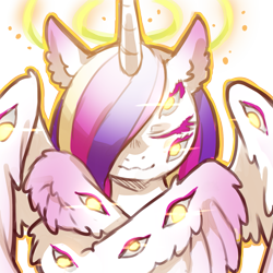 Size: 1159x1159 | Tagged: safe, artist:cold-blooded-twilight, derpibooru import, princess cadance, alicorn, angel, seraph, seraphicorn, biblically accurate angels, colored wings, eyes closed, glowing, glowing eyes, halloween, halo, holiday, looking at you, many eyes, multicolored wings, multiple wings, simple background, smiling, species swap, transparent background, wings