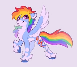 Size: 883x768 | Tagged: safe, artist:p3stie, derpibooru import, rainbow dash, pegasus, pony, alternate cutie mark, alternate design, chest fluff, coat markings, colored hooves, colored wings, pale belly, raised hoof, raised leg, smiling, solo, spread wings, unshorn fetlocks, wings