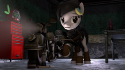 Size: 1920x1080 | Tagged: safe, artist:mod_pone_the_mod, derpibooru import, oc, oc:mod pone the mod, earth pony, parasprite, pony, fallout equestria, 3d, clothes, garage, goggles, motorcycle, photo, solo, source filmmaker