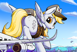 Size: 2000x1340 | Tagged: safe, artist:tsitra360, derpibooru import, derpy hooves, pegasus, pony, airport, cap, city, clothes, cutie mark, delivery pony, female, giant pony, giantess, hat, looking back, macro, mare, solo, uniform