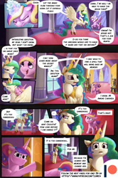 Size: 3541x5331 | Tagged: safe, artist:angusdra, artist:lummh, derpibooru import, princess cadance, princess celestia, alicorn, pony, comic:the princess of love, absurd resolution, castle, comic, female, guard, magic, male, mare, multiple characters, open mouth, open smile, prismia, proud, room, smiling, stallion, worried, young cadance