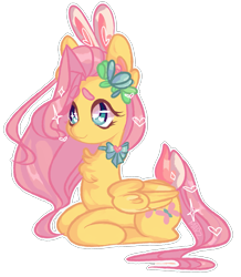 Size: 1365x1566 | Tagged: safe, artist:marzinyan, artist:reimu-reimu, derpibooru import, fluttershy, pegasus, pony, bunny ears, bunny tail, chest fluff, cute, female, flower, flower in hair, heart, heart eyes, lying down, mare, neckbow, ponyloaf, prone, shyabetes, simple background, solo, tail, transparent background, white outline, wingding eyes