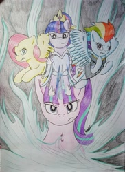 Size: 2475x3399 | Tagged: safe, artist:fireart, derpibooru import, fluttershy, rainbow dash, starlight glimmer, twilight sparkle, twilight sparkle (alicorn), alicorn, the cutie re-mark, the ending of the end, the last problem, clothes, coronation dress, crown, dress, jewelry, older, older rainbow dash, regalia, second coronation dress, traditional art