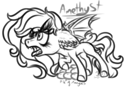 Size: 982x689 | Tagged: safe, artist:beamybutt, derpibooru import, oc, oc only, oc:amethyst, bat pony, pony, angry, bat pony oc, bat wings, ear fluff, ears, fangs, female, food, lineart, male, mango, mare, monochrome, open mouth, protecting, raised hoof, raised leg, simple background, solo, stallion, white background, wings