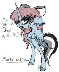 Size: 1624x1963 | Tagged: safe, artist:beamybutt, derpibooru import, oc, oc only, alicorn, pony, alicorn oc, annoyed, bipedal, bow, colored hooves, ear fluff, ears, eyelashes, hair bow, horn, simple background, solo, transparent background, wings
