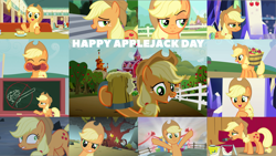 Size: 4352x2450 | Tagged: safe, derpibooru import, edit, edited screencap, editor:quoterific, screencap, applejack, earth pony, pony, a friend in deed, apple family reunion, dragonshy, feeling pinkie keen, horse play, party pooped, school daze, season 1, season 2, season 3, season 4, season 5, season 6, season 8, season 9, the last laugh, the saddle row review, the super speedy cider squeezy 6000, three's a crowd, apple, apple cider, applejack day, applejack's hat, clothes, countryisms, cowboy hat, female, female focus, frown, grin, gritted teeth, hat, high res, honey curls, mare, mare e. lynn, mouth hold, open mouth, open smile, paintbrush, raised eyebrow, smiling, solo, solo focus, that pony sure does love apples