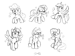 Size: 4000x3000 | Tagged: safe, artist:selenophile, derpibooru import, applejack, fluttershy, pinkie pie, rainbow dash, rarity, twilight sparkle, twilight sparkle (alicorn), alicorn, butterfly, earth pony, pegasus, pony, unicorn, looking at you, mane six, monochrome, one eye closed, open mouth, simple background, sketch, white background, wink