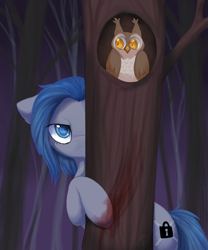 Size: 2500x3000 | Tagged: safe, artist:megabait, derpibooru import, oc, oc only, oc:megabait, bird, owl, pony, blood, forest, hollow, inktober, inktober2021, tree, watch