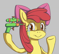 Size: 1500x1363 | Tagged: safe, artist:sonicdramon, derpibooru import, apple bloom, earth pony, pony, crying, female, filly, implied suicide attempt, solo, water pistol, watergun