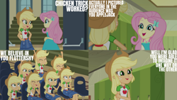 Size: 1280x720 | Tagged: safe, derpibooru import, edit, edited screencap, editor:quoterific, screencap, applejack, fluttershy, better together, equestria girls, fluttershy's butterflies, fluttershy's butterflies: applejack, applejack's hat, belt, clothes, cowboy hat, cutie mark, cutie mark on clothes, denim skirt, eyes closed, female, geode of fauna, geode of super strength, hairpin, hallway, hand on hip, hat, jewelry, lockers, magical geodes, necklace, open mouth, open smile, skirt, smiling