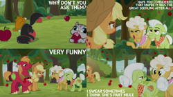 Size: 1280x720 | Tagged: safe, derpibooru import, edit, edited screencap, editor:quoterific, screencap, applejack, big macintosh, goldie delicious, granny smith, cat, earth pony, pony, going to seed, season 9, apple, applejack's hat, clothes, cowboy hat, female, food, hat, male, mare, open mouth, open smile, smiling, stallion, tree