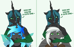 Size: 2320x1482 | Tagged: safe, artist:lumino010, derpibooru import, queen chrysalis, oc, oc:kryostasis, anthro, changeling, changeling queen, pegasus, breasts, changeling oc, clothes, commission, dress, female, gloves, horn, male, pegasus oc, text, wings, ych result, your character here