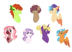 Size: 7000x5000 | Tagged: safe, artist:akajulester, derpibooru import, oc, oc only, oc:canon, oc:gizmo, oc:polyphony, oc:riptide, oc:seashell, oc:trailblazer, oc:wayfinder, dracony, hybrid, pony, unicorn, bust, colt, female, filly, interspecies offspring, magical lesbian spawn, male, next generation, offspring, parent:apple bloom, parent:button mash, parent:diamond tiara, parent:dinky hooves, parent:pipsqueak, parent:scootaloo, parent:silver spoon, parent:spike, parent:sweetie belle, parent:terramar, parents:dinkymash, parents:piptiara, parents:silverbelle, parents:spikebloom, parents:sweetiemash, parents:terraloo, simple background, white background