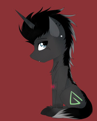 Size: 2190x2738 | Tagged: safe, artist:lucky-em, derpibooru import, oc, oc only, pony, unicorn, chest fluff, ear piercing, horn, piercing, red background, simple background, solo, unicorn oc