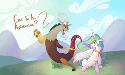 Size: 1080x652 | Tagged: safe, artist:coppercoffee, derpibooru import, discord, princess celestia, alicorn, draconequus, pony, antlers, beard, clothes, cloud, digital art, dislestia, facial hair, fangs, female, horn, male, mountain, outdoors, scarf, shipping, straight, sun