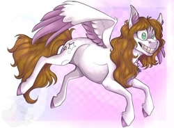 Size: 640x471 | Tagged: safe, artist:millefaller, derpibooru import, oc, pegasus, pony, colored hooves, colored wings, female, flying, grin, mare, pegasus oc, smiling, solo, two toned wings, wings