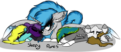 Size: 3102x1346 | Tagged: safe, artist:beamybutt, derpibooru import, oc, oc only, oc:moonbeam, alicorn, pony, ear fluff, ear piercing, ears, eyelashes, female, group, hug, lying down, mare, piercing, prone, sleeping, snuggling, winghug, wings