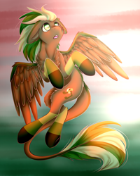 Size: 1600x2000 | Tagged: safe, artist:sketchytwi, derpibooru import, oc, oc only, oc:cicada, pegasus, pony, ears, floppy ears, flying, leonine tail, looking up, male, pegasus oc, solo, stallion, tail, wings