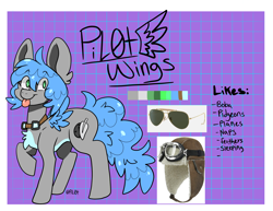 Size: 3300x2550 | Tagged: safe, artist:pilotwings, derpibooru import, oc, oc only, pegasus, pony, blue hair, chest fluff, female, grey fur, pilot, reference sheet, solo, tongue, tongue out, wings