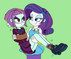 Size: 1164x975 | Tagged: safe, artist:bugssonicx, derpibooru import, rarity, sunny flare, equestria girls, bondage, bound and gagged, bridal carry, carrying, cloth gag, clothes, duo, duo female, female, gag, rarity peplum dress, rope, rope bondage, skirt, smiling, smirk, tied up