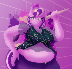Size: 2500x2400 | Tagged: safe, artist:sixes&sevens, derpibooru import, screwball, anthro, earth pony, bbw, belly, belly button, breasts, brick wall, busty screwball, chubby, fat, female, fishnets, graffiti, hand on hip, midriff, muscles, paintbrush, smiling, solo