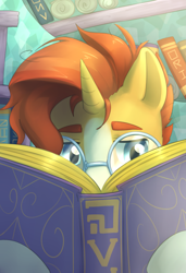 Size: 2435x3558 | Tagged: safe, artist:aquoquoo, derpibooru import, sunburst, pony, unicorn, book, coat markings, glasses, lidded eyes, male, reading, socks (coat marking), solo, stallion