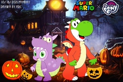 Size: 1080x720 | Tagged: safe, artist:fester1124, derpibooru import, spike, dragon, animal costume, barely pony related, clothes, costume, crossover, dragon costume, halloween, halloween costume, haunted house, holiday, jack-o-lantern, looking at you, my little pony logo, pumpkin, pumpkin bucket, super mario bros., yoshi