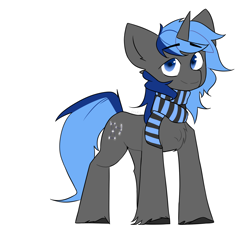 Size: 1920x1800 | Tagged: safe, artist:osukel, derpibooru import, orion, oc, oc:orion, unicorn, black hooves, blue mane, clothes, colored, commission, flat colors, horn, male, scarf, simple background, smiling, solo, stallion, standing, unicorn oc, white background