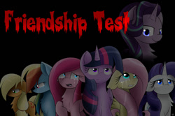 Size: 1024x679 | Tagged: safe, artist:envygirl95, derpibooru import, applejack, fluttershy, pinkie pie, rainbow dash, rarity, starlight glimmer, twilight sparkle, twilight sparkle (alicorn), alicorn, earth pony, pegasus, pony, unicorn, fanfic:the friendship test, black background, blood, blue eyes, blue fur, chest fluff, crying, curly hair, curly mane, ears, evil, evil grin, evil starlight, eyelashes, floppy ears, frown, glowing, glowing eyes, green eyes, grin, horn, long mane, looking offscreen, looking up, mane six, open mouth, orange fur, pink fur, purple eyes, purple fur, raised hoof, raised leg, relapse, sad, scared, shiny mane, simple background, smiling, straight mane, tears of sadness, teeth, text, the friendship test, this will end in communism, white fur