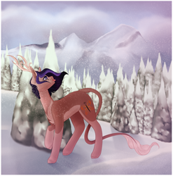 Size: 4168x4220 | Tagged: safe, artist:pokaparida, derpibooru import, oc, oc only, earth pony, pony, antlers, female, forest, mare, mountain, snow, snowfall, solo, tongue, tongue out, tree