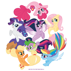Size: 700x700 | Tagged: artist needed, safe, derpibooru import, applejack, fluttershy, pinkie pie, rainbow dash, rarity, spike, twilight sparkle, alicorn, butterfly, fish, mermaid, pony, seapony (g4), my little pony: the movie, apple, applejack's hat, balloon, blonde, blonde hair, blue eyes, blue hair, blue skin, blue wings, closed mouth, clothes, cowboy hat, cutie mark, diamond, dorsal fin, eyelashes, female, fin wings, fins, fish tail, flowing mane, flowing tail, food, green eyes, green hair, hat, horn, looking at you, mane seven, mane six, mermaid tail, multicolored hair, official, open mouth, orange hair, orange skin, pink hair, pink mane, pink skin, puffer fish, purple eyes, purple hair, purple skin, purple wings, rainbow, rainbow hair, red eyes, red hair, render, seaponified, seapony applejack, seapony fluttershy, seapony pinkie pie, seapony rainbow dash, seapony rarity, seapony twilight, simple background, smiling, sparkles, species swap, spike the pufferfish, stock vector, tail, that pony sure does love being a seapony, vector, white background, white skin, wings, yellow hair, yellow skin, yellow wings