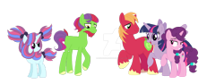 Size: 1600x600 | Tagged: safe, artist:rose-moonlightowo, derpibooru import, big macintosh, sugar belle, twilight sparkle, twilight sparkle (alicorn), alicorn, deviantart watermark, family, female, male, obtrusive watermark, offspring, parent:big macintosh, parent:sugar belle, parent:twilight sparkle, parents:sugarmac, parents:twimac, polyamory, shipping, simple background, straight, sugarmac, transparent background, twimac, watermark