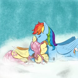 Size: 1500x1500 | Tagged: safe, artist:jamizin, derpibooru import, fluttershy, rainbow dash, pegasus, pony, cloud, cute, eyes closed, female, flutterdash, kissing, lesbian, lying down, prone, shipping