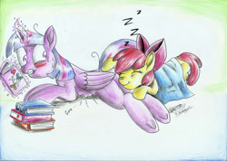 Size: 2330x1656 | Tagged: safe, artist:3500joel, derpibooru import, apple bloom, twilight sparkle, twilight sparkle (alicorn), alicorn, pony, blushing, book, butt, butt pillow, butt touch, eyes closed, female, filly, glowing, glowing horn, gritted teeth, hoof on butt, horn, levitation, looking back, lying down, magic, mare, need to fart, onomatopoeia, prone, scissors, sleeping, smiling, sound effects, stomach growl, stomach noise, sweat, sweatdrops, telekinesis, traditional art, twibutt, underhoof, zzz