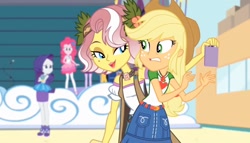 Size: 1260x719 | Tagged: safe, derpibooru import, screencap, applejack, pinkie pie, rarity, vignette valencia, better together, equestria girls, rollercoaster of friendship, applejack's hat, cellphone, clothes, cowboy hat, female, flower, flower in hair, hat, phone, smartphone