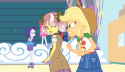 Size: 1244x719 | Tagged: safe, derpibooru import, screencap, applejack, pinkie pie, rarity, vignette valencia, better together, equestria girls, rollercoaster of friendship, angry, applejack's hat, back, cellphone, clothes, cowboy hat, female, flower, flower in hair, hat, phone, smartphone
