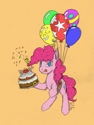 Size: 1111x1481 | Tagged: safe, artist:lef-fa, derpibooru import, pinkie pie, earth pony, pony, balloon, cake, confetti, female, food, simple background, solo, tongue, tongue out