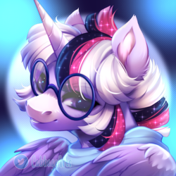 Size: 750x750 | Tagged: safe, artist:cabbage-arts, derpibooru import, oc, oc only, oc:mystic mysteries, alicorn, pony, alicorn oc, bust, commissioner:eyesorefortheblind, female, glasses, horn, looking at you, mare, portrait, smiling, smiling at you, wings