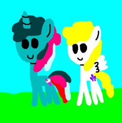 Size: 698x703 | Tagged: safe, artist:tommothetankengine57, derpibooru import, fizzy, surprise, pegasus, pony, twinkle eyed pony, unicorn, g1, adoraprise, cute, drawception, duo, female, fizzybetes, friends, land, mare, ponyland, smiley face, smiley face ponies, smiling